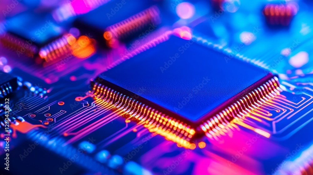 Close-up view of a vibrant microchip on a circuit board showcasing intricate electronic connections Close-up view of a vibrant microchip on a circuit board showcasing intricate electronic connections