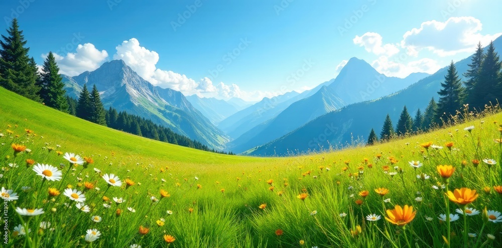 Fototapeta premium Lush alpine meadows with wildflowers and tall grasses, blue sky above, blue, scenery, meadows