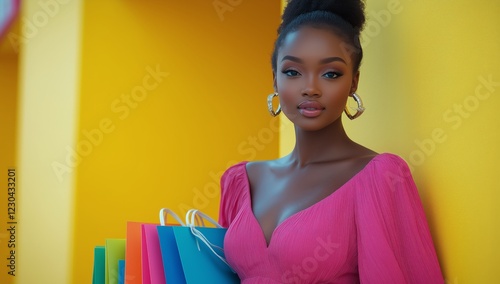 Young woman holding colorful shopping bags in a vibrant urban setting