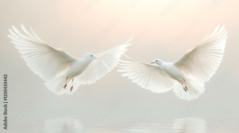 Two white doves in flight over calm water, sunrise background; perfect for peace, hope, wedding, or spiritual themes Two white doves in flight over calm water, sunrise background; perfect for peace, hope, wedding, or spiritual themes