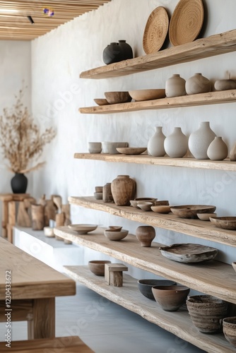 Handmade pottery displayed on wooden shelves in a minimalist interior design ...
