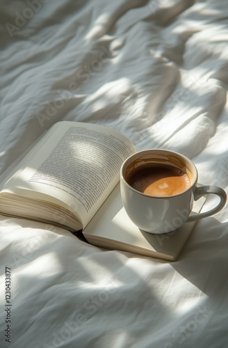 Cozy morning with coffee and an open book on a soft bed