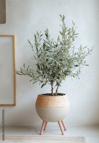 Olive tree in stylish planter adding charm to modern interior decor
