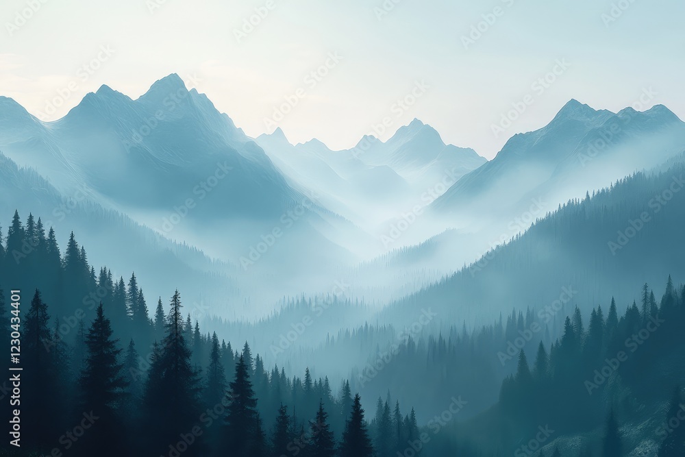 Fototapeta premium A misty mountain range with layers of peaks fading into the distance