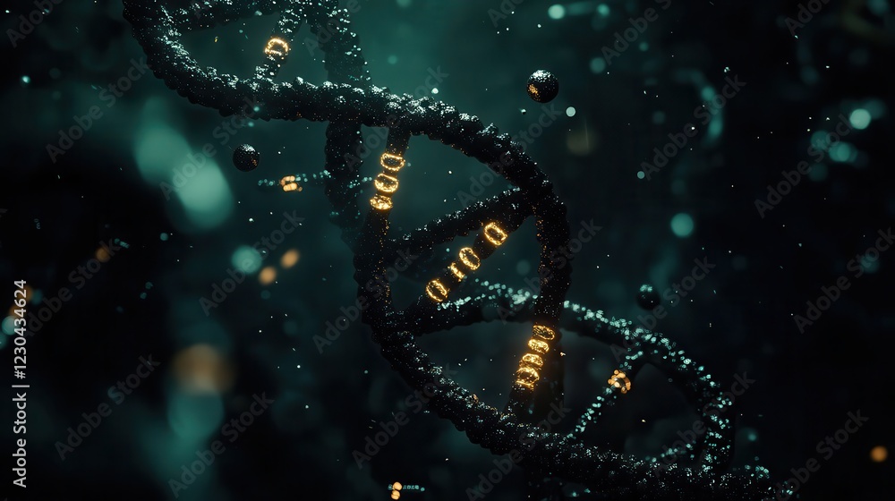 Fototapeta premium Dna molecule with glowing lights and helix structure in a dark laboratory setting