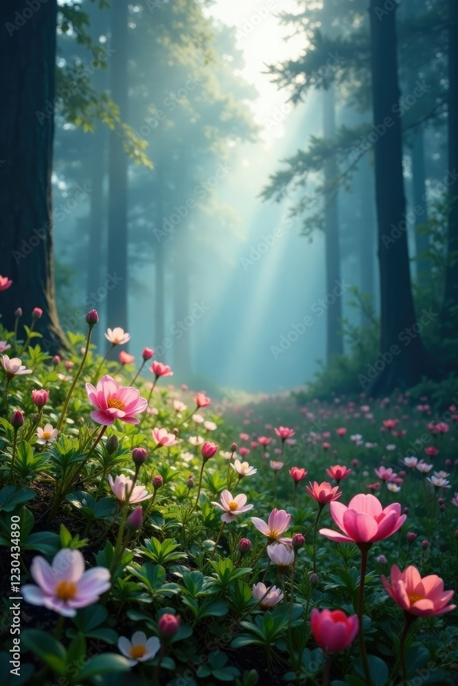 Obraz premium Serene landscape with blooming flowers in a misty forest atmosphere, nature, misty