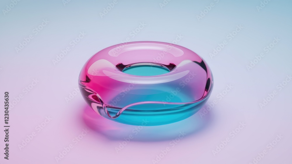 A vibrant, donut-shaped glass bowl with a pink and teal gradient, showcasing a beautiful interplay of light and color. A vibrant, donut-shaped glass bowl with a pink and teal gradient, showcasing a beautiful interplay of light and color.