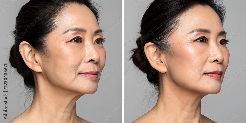 Before and after of an Asian woman picture of a French lifting – thread lifting for face tightening and skin rejuvenation Before and after of an Asian woman picture of a French lifting – thread lifting for face tightening and skin rejuvenation