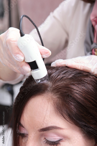 Wallpaper Mural Doctor examine patient female hair special apparatus and computer. Diagnostics hair and scalp. Trichoscopy. Torontodigital.ca