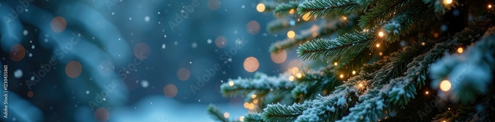 Sparkling snowflakes and twinkling lights dance across the branches of a majestic evergreen Christmas tree, icy, sparkling Sparkling snowflakes and twinkling lights dance across the branches of a majestic evergreen Christmas tree, icy, sparkling