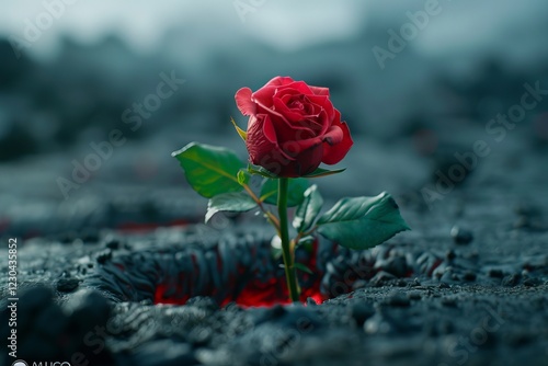 Wallpaper Mural A vibrant red rose stands majestically amidst dark, volcanic surroundings, symbolizing resilience and beauty in adversity. Resilient Bloom on Hot Lava, Rebirth from Fire Torontodigital.ca