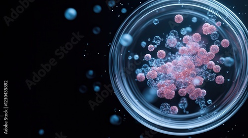 Close up of glowing molecules in a petri dish with black background macro photography
