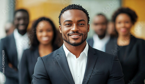 Smiling African Businessman Leading Multiethnic Team in Office