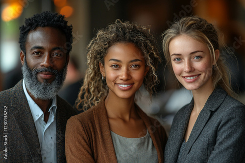 Smiling Multiethnic Business Team Standing Around Table in Modern Office