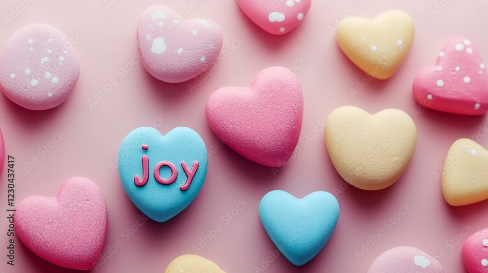 Pastel heart-shaped candies on pink background; joy; Valentine's Day; sweet treats; food photography Pastel heart-shaped candies on pink background; joy; Valentine's Day; sweet treats; food photography