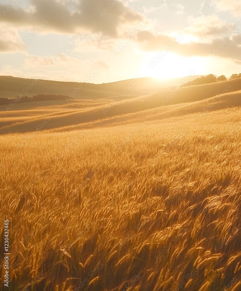 Obraz premium Sunlit wheat field with golden textures swaying in the wind.
