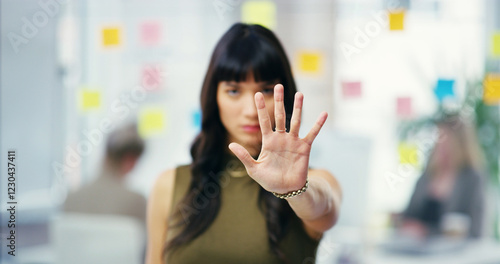 фотографія Stop, hand and business woman in office for rejection, refuse and defend in workplace