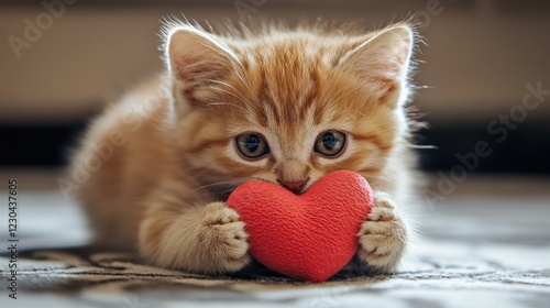 Adorable kitten holding red heart symbolizing love and affection