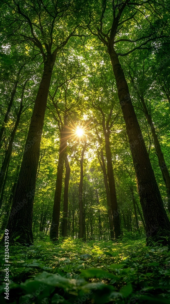 Obraz premium Sunlight streams through the tall trees in a vibrant summer forest, creating a magical atmosphere filled with lush greenery and a sense of tranquility. Nature thrives in this serene landscape