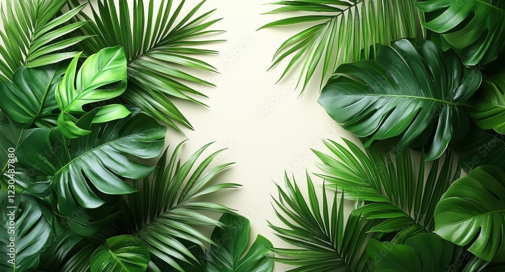 Tropical greenery with lush palm and monstera leaves on light background Tropical greenery with lush palm and monstera leaves on light background