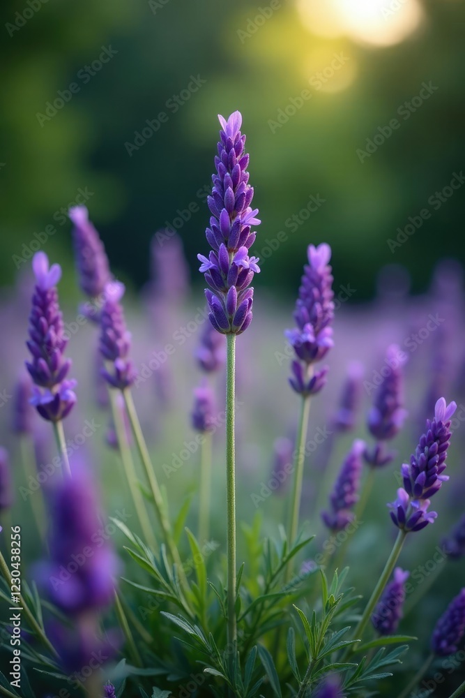 Fototapeta premium A lone lavender bush in full bloom amidst a quiet landscape, garden, lavender, calm