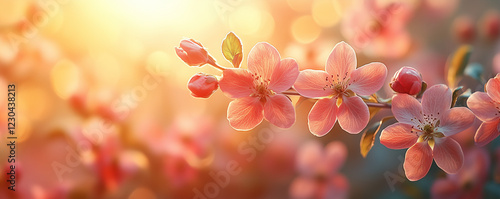 Sunlit cherry blossoms in bloom during golden hour