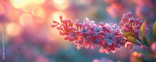 Close-up of blooming lilac flowers at sunset with soft bokeh background