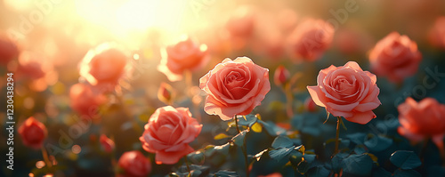 Wallpaper Mural Sunlit pink roses in a lush garden at sunset Torontodigital.ca