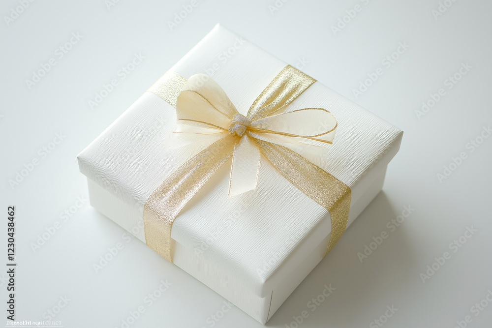 Obraz premium White gift box with shiny gold ribbon bow. Decoration advertising template design. Anniversary celebration and special day with present