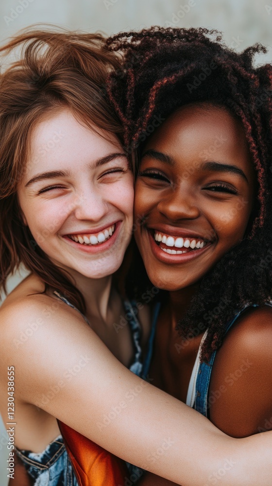 Two young women generation z having fun together. Close up lifestyle portrait of diverse multiracial happy best friends hugging each other and laughing on white background. High quality photo Two young women generation z having fun together. Close up lifestyle portrait of diverse multiracial happy best friends hugging each other and laughing on white background. High quality photo