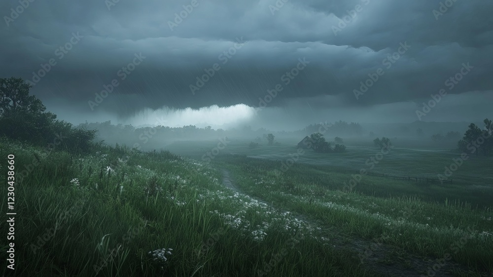 Rainstorm over a green field with a path leading to a distant house. Rainstorm over a green field with a path leading to a distant house.
