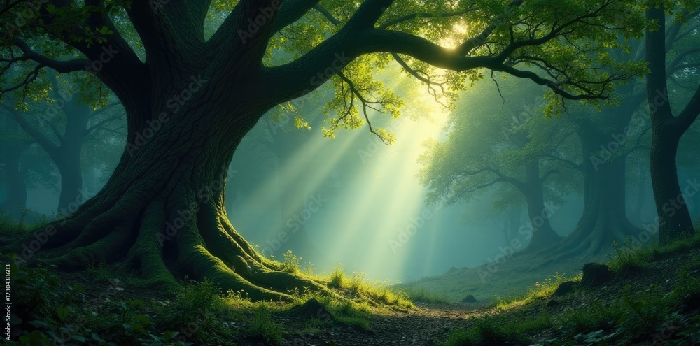 A sea of light and shadow wraps around ancient trees, forest, mystic, tree A sea of light and shadow wraps around ancient trees, forest, mystic, tree