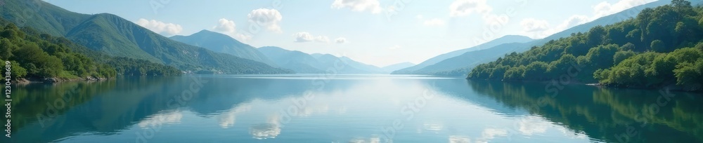 A serene and peaceful lake scene with surrounding hills, landscape, water catchment A serene and peaceful lake scene with surrounding hills, landscape, water catchment