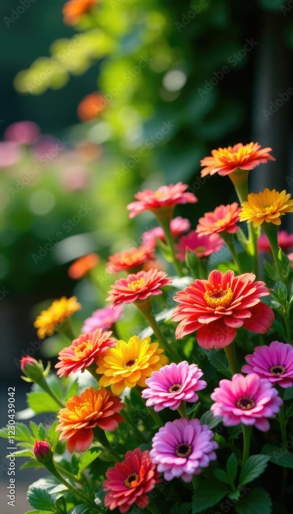 Colorful arrangement of flowers and foliage in a sunny spot, blooms, floral, Colorful arrangement of flowers and foliage in a sunny spot, blooms, floral,