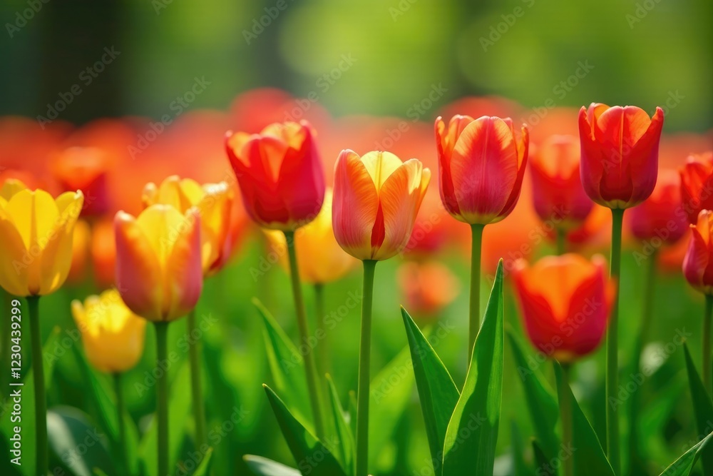 Colorful tulips in full bloom with lush grass, nature scene, colorful tulips, grass Colorful tulips in full bloom with lush grass, nature scene, colorful tulips, grass