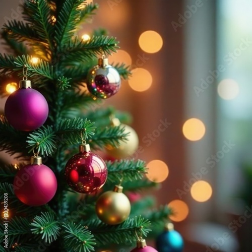 Wallpaper Mural Colorful ornaments hanging on a small Christmas tree, twinkling, festive Torontodigital.ca