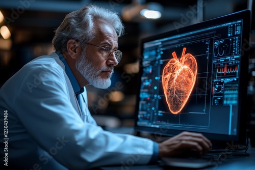 Expert cardiologist analyzing heart data on a computer screen in a modern medical lab during evening hours