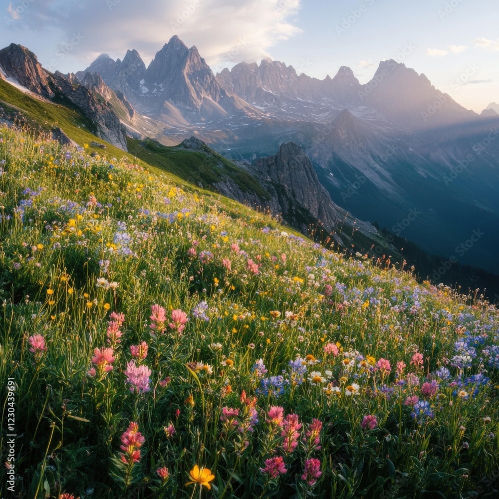Fototapeta premium Vibrant Wildflower Meadow with Majestic Mountain Range Background