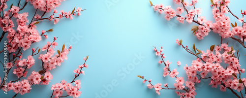 Cherry blossom branches against blue background spring floral layout