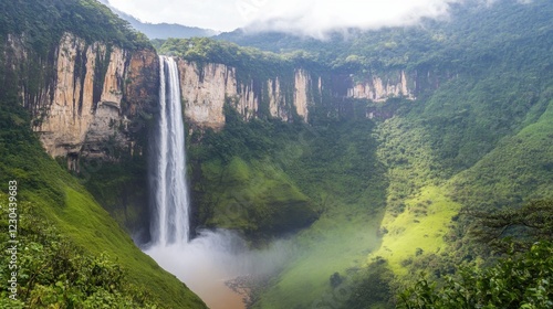 Majestic Waterfall Surrounded by Lush Green Mountains and Fog