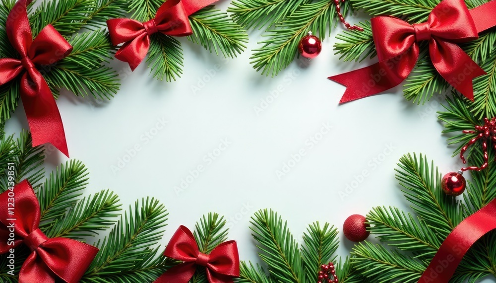 Fir branches with ribbons and bows tied around them like a garland, bows, Christmas decorations, festive Fir branches with ribbons and bows tied around them like a garland, bows, Christmas decorations, festive