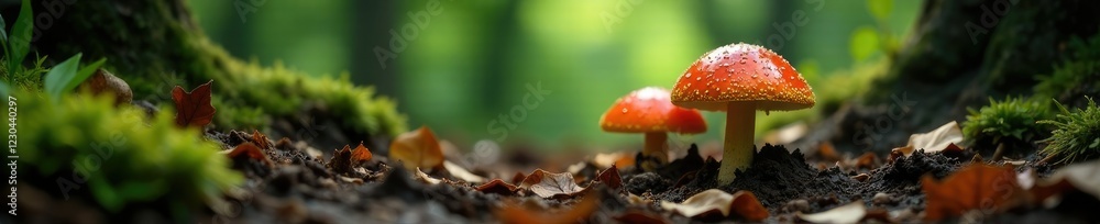 Forest floor with mushroom growth amidst decaying wood, fall, mushroom growth Forest floor with mushroom growth amidst decaying wood, fall, mushroom growth