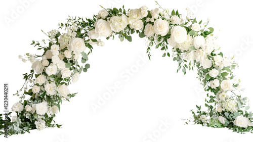 A wedding flower arch decorated with white roses isolated on transparent background