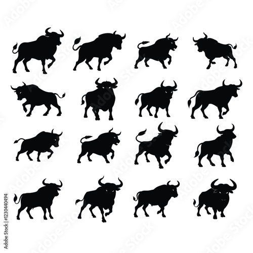 Black angry bull vector silhouette.Angry running bull icon illustration. Bull vector illustration. Domestic animal. Buffalo collection. Farm animal.
