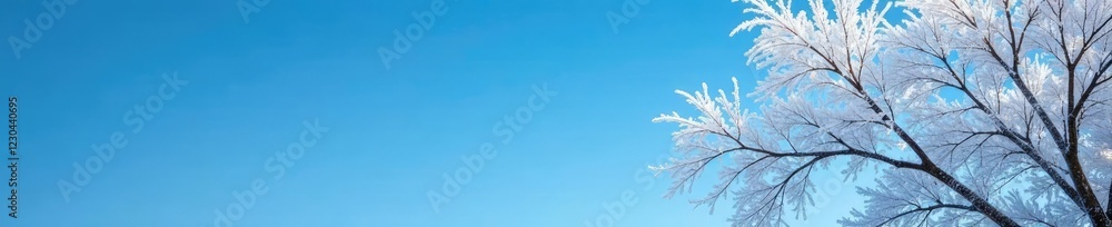 Frost-covered tree branches against a bright blue sky, frozen, blue, cold Frost-covered tree branches against a bright blue sky, frozen, blue, cold