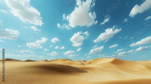 A wide shot of desert dunes with a blue sky and white clouds photo