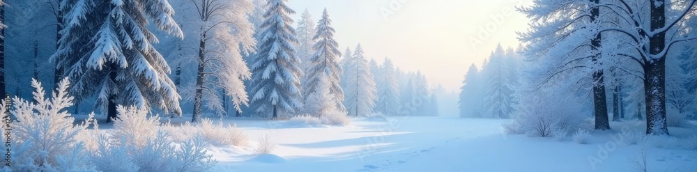 Frosty forest with snow-covered trees, sparkling ice, and a blanket of white fog, landscape, frost