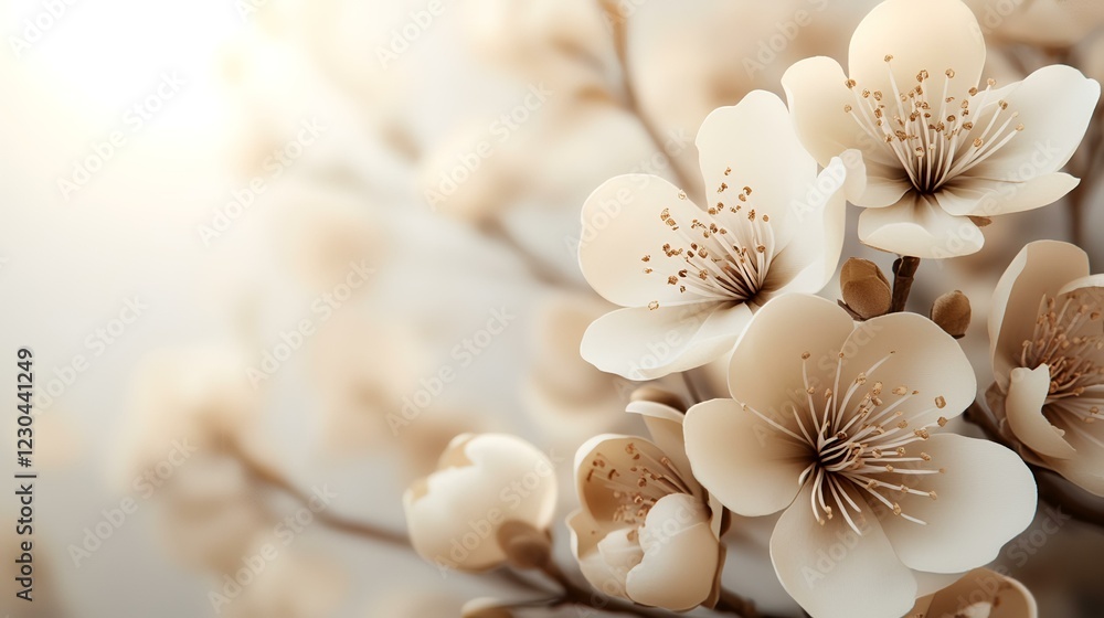Delicate white blossoms in springtime sunlight, soft focus background, ideal for greeting cards or website banners Delicate white blossoms in springtime sunlight, soft focus background, ideal for greeting cards or website banners