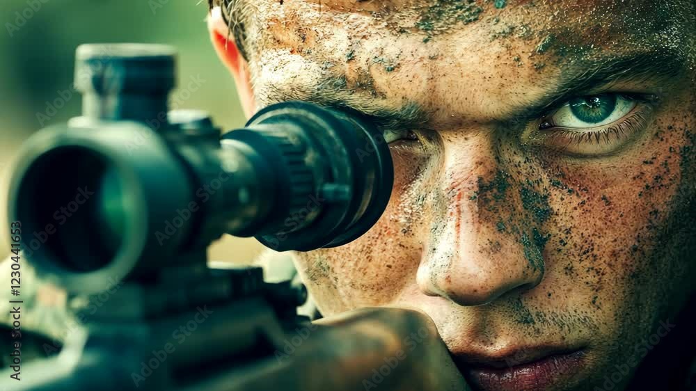 Young soldier aiming with sniper rifle in a rugged outdoor environment ...