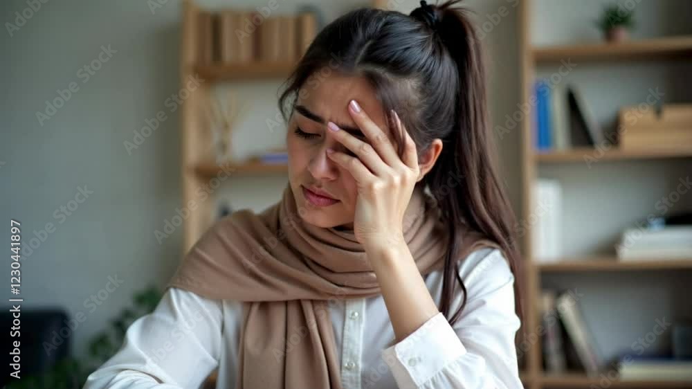 Upset Woman Indoors Portrait Wearing a Scarf and Shirt Upset Woman Indoors Portrait Wearing a Scarf and Shirt